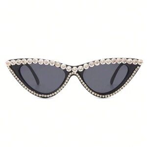 NEW Diamond Embellished Black Slim Retro Cat Eye Sunglasses OS